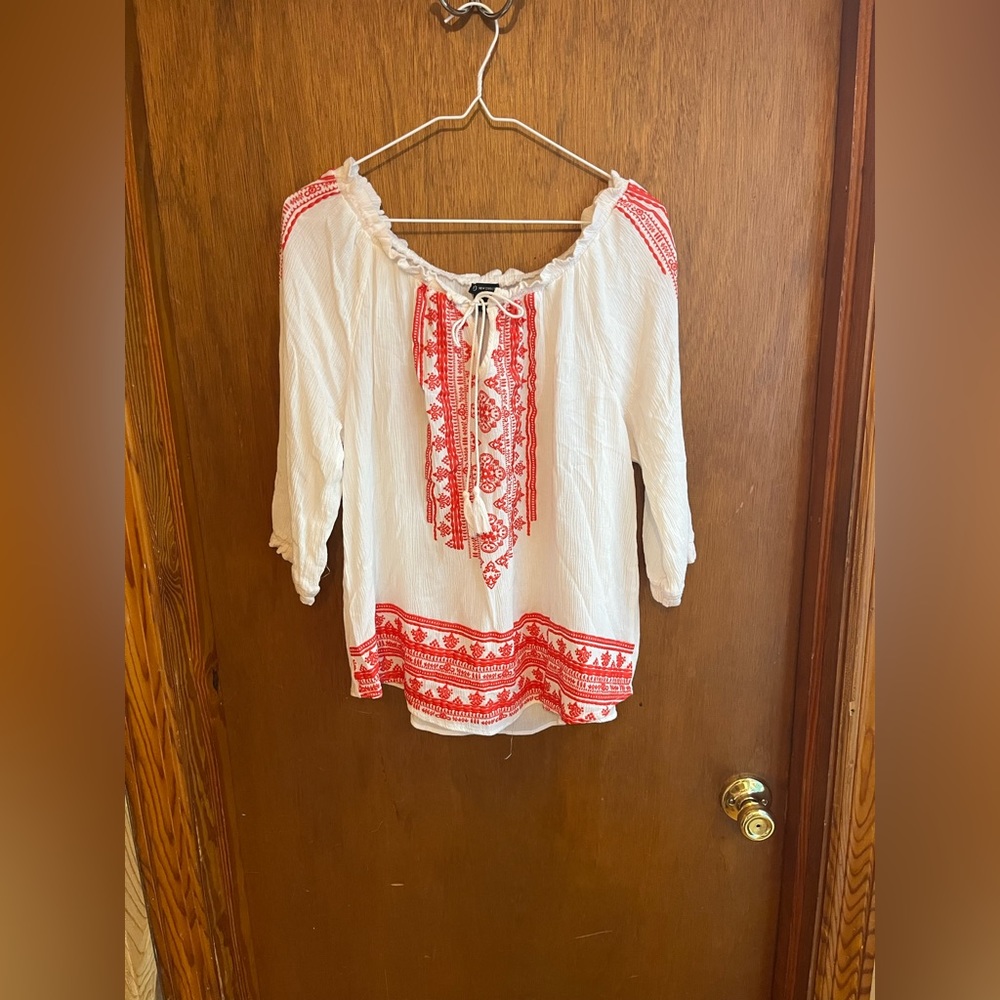 New Direction Boho White/Red Blouse Large